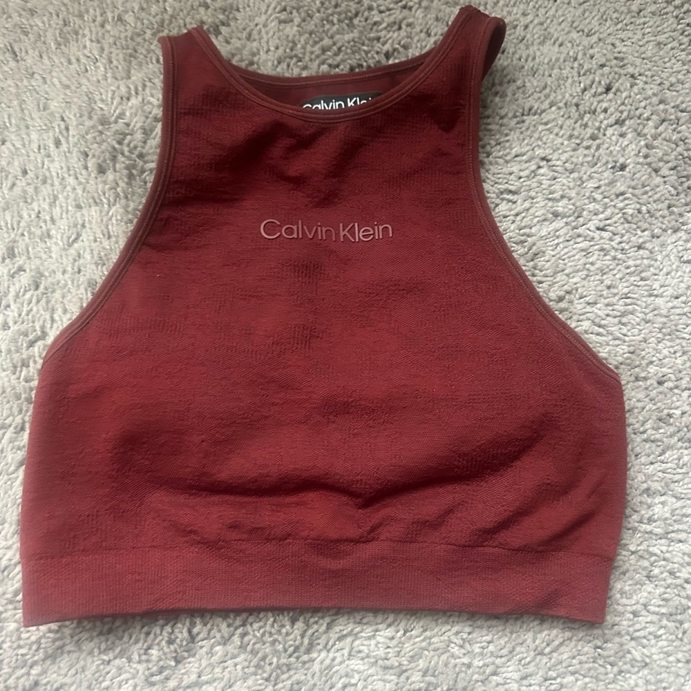 Burgundy high neck sports bra. Open back detail. Calvin Klein